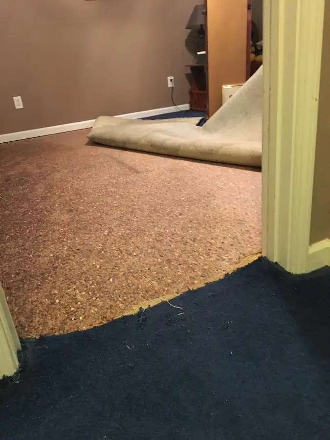 Carpet pad removal revealing water damage during Drying & Dehumidification in Woburn